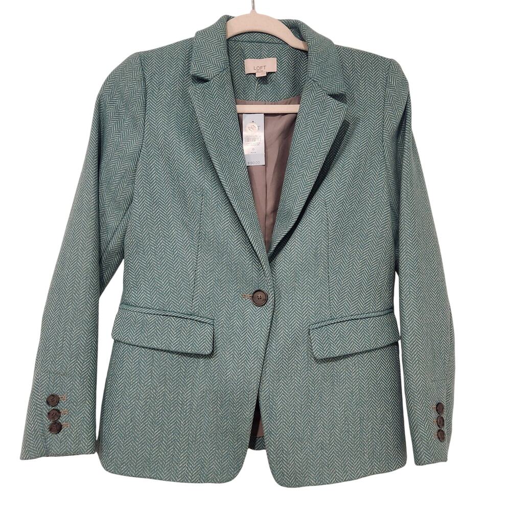 Loft wool blend herringbone print green blazer size 0P